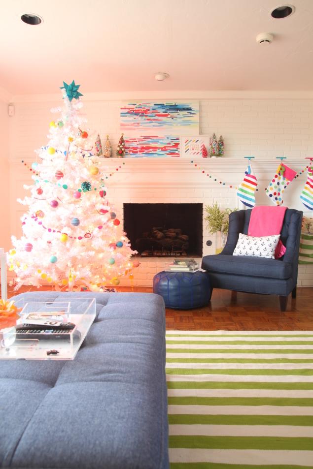 Christmas 2015 - white Christmas tree, colorful ornaments, white living room, navy furniture